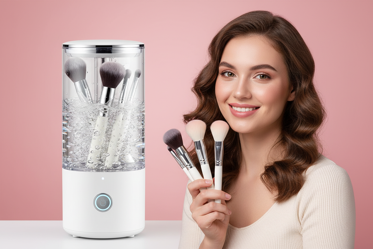 Imagen publicitaria de alta calidad para ecommerce de un limpiador automático de brochas de maquillaje.
Fondo degradado en tonos rosados suaves.
A la izquierda, un limpiador de brochas cilíndrico moderno con depósito transparente, agua en movimiento y brochas siendo limpiadas en su interior, botón de encendido visible.
A la derecha, una mujer joven atractiva con maquillaje natural, sonriendo, sosteniendo varias brochas de maquillaje limpias en la mano.
Iluminación profesional, estilo fotografía de estudio, 